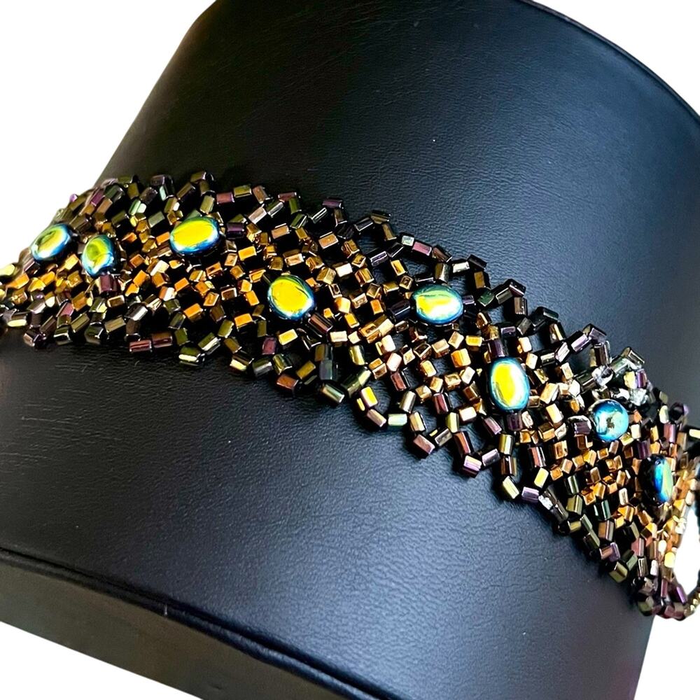 Iridescent Czech Bead Handwoven Bracelet in Gift Box
